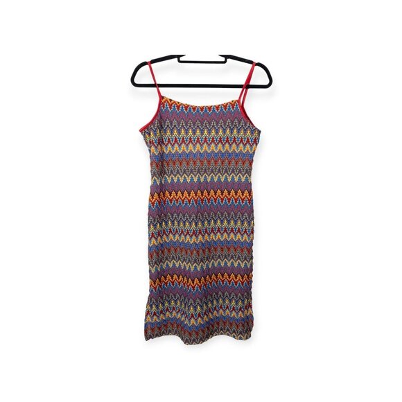 Vintage Y2K Eye Candy Zigzag Multicolor Knit Midi Dress With Red Spaghetti Strap - Picture 2 of 11